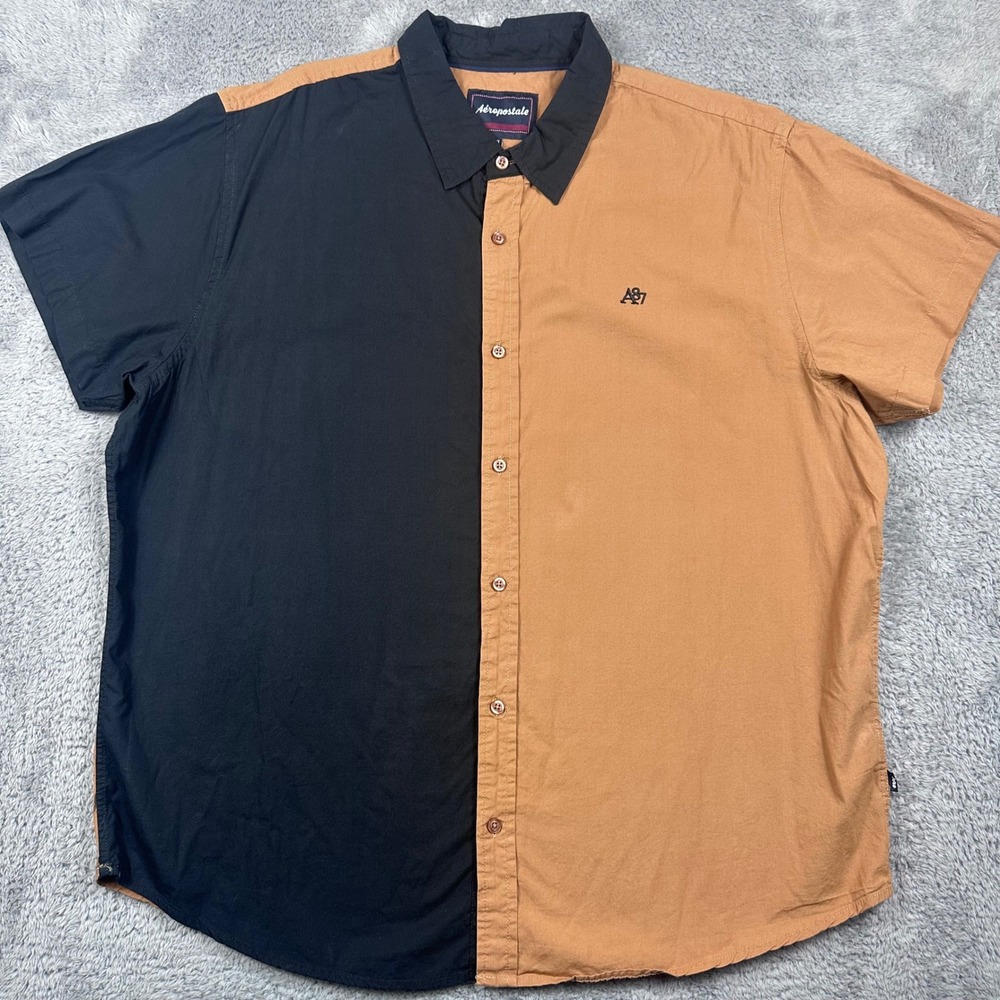 Aeropostale Button Down Shirt Mens 2XL Black Tan ColorblockShort Sleeve A87 Logo